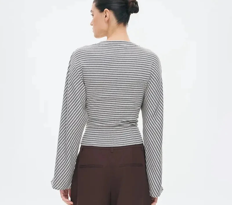 تي شيرت الخريف الشتاء مخطط كم طويل ملابس النساء عادية س الرقبة نحيل البلوز القمم موضة الشارع الشهير المحاصيل تي شيرت #3