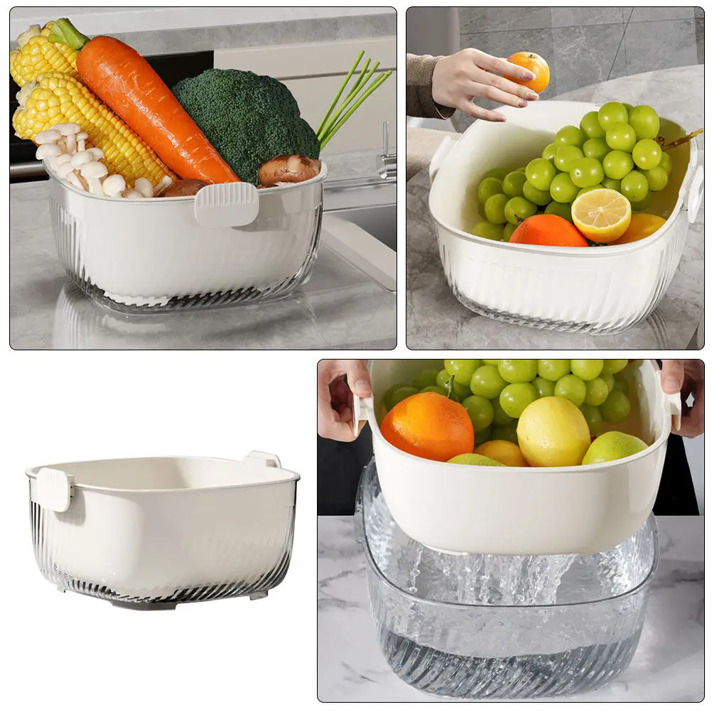 1Set Dual Use Fruit and Vegetable Washing Basket Double Layer Drain Basket Lightweight Stackable Kitchen Strainer for Indoor