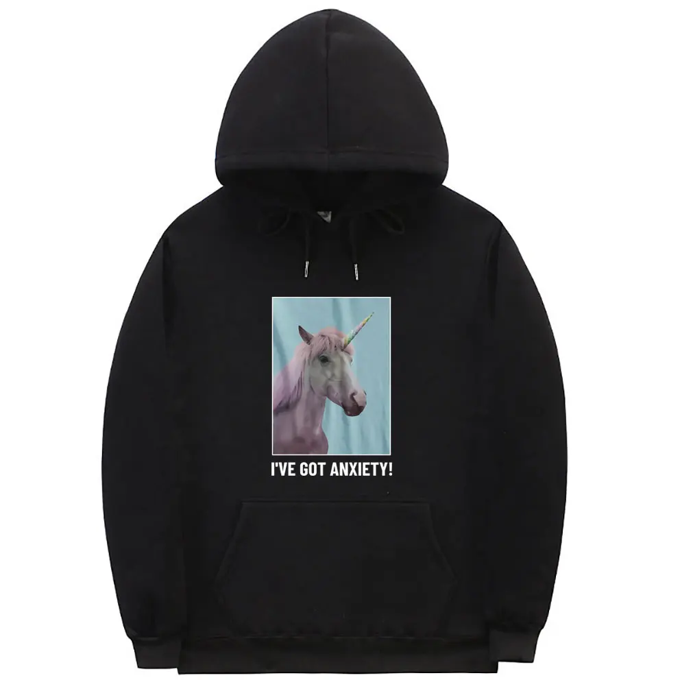 

I've Got Anxiety Hoodie Funny Unicoen Meme Pullover Men Women Fleece Cotton Hoodies Men's Vintage Oversized Hooded Sweatshirt