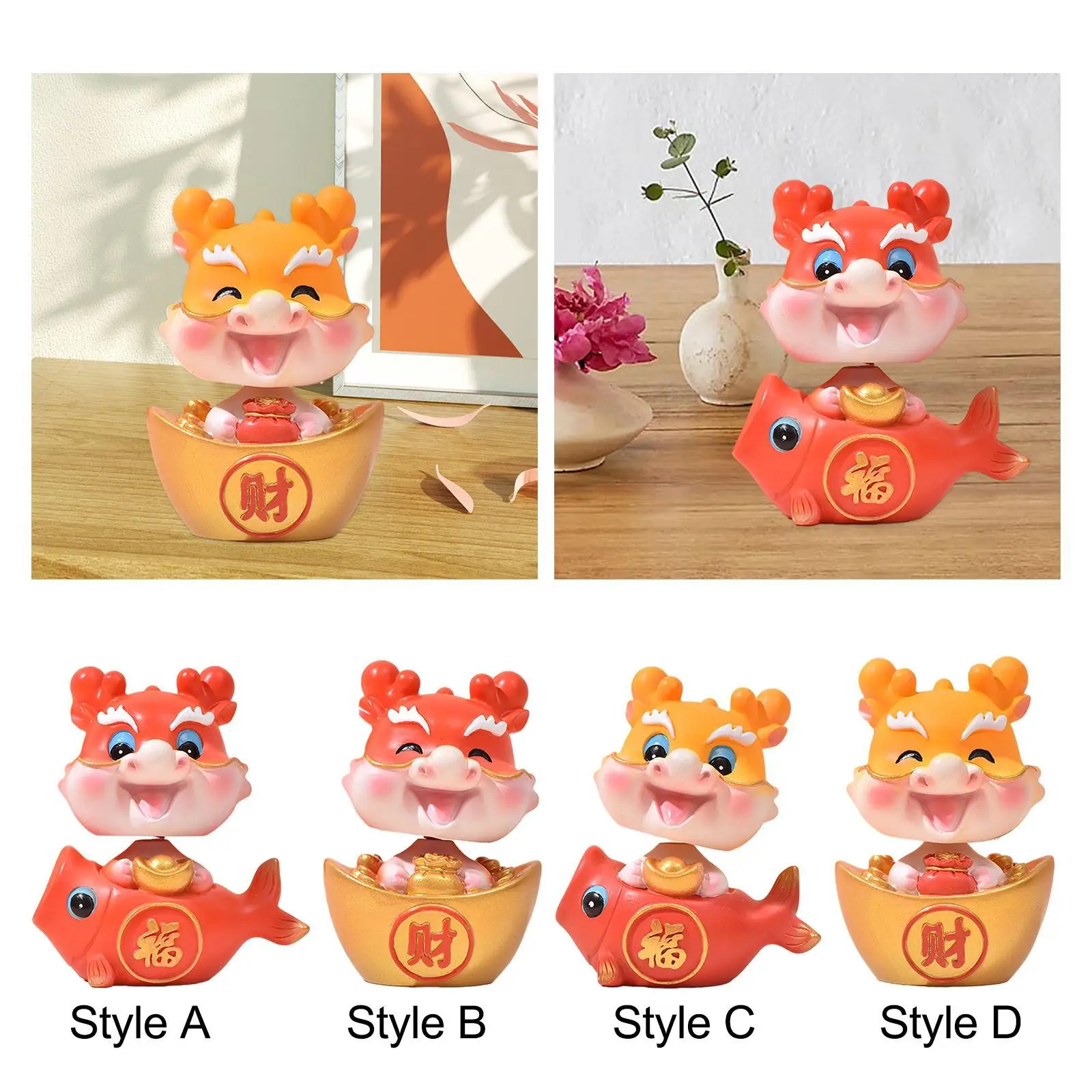 Figura de dragón del Año Nuevo chino, adorno con cabeza agitable, escultura Fengshui decorativa de 3x2x3,5 pulgadas, hecha a mano para dormitorio