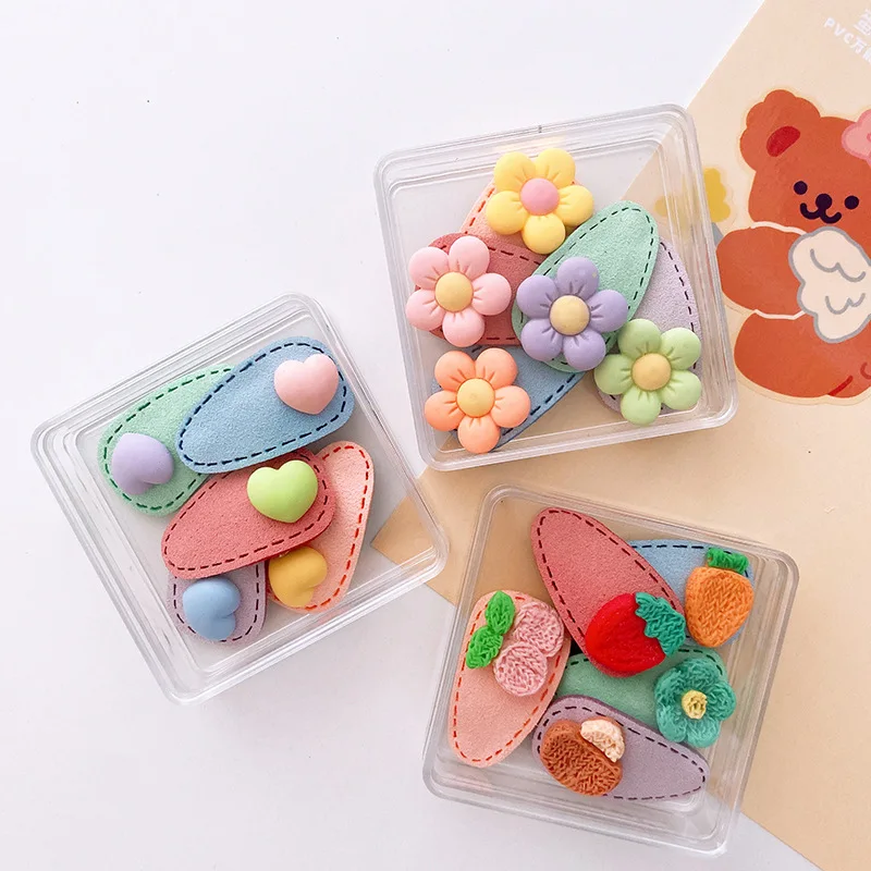 

Boxed 5PCS Small Cute Leather Cartoon Children's Bb Clip Love Flower Baby Forehead Hairpin Girl Hair Accessories