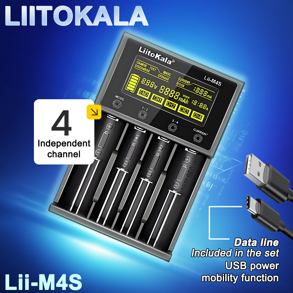  LiitoKala Lii-M4S Touch Charger (4 Slots)-300-1000mA LCD Capacity Tester w/ Storage Mode & USB Power Bank for 21700/26650/18650 