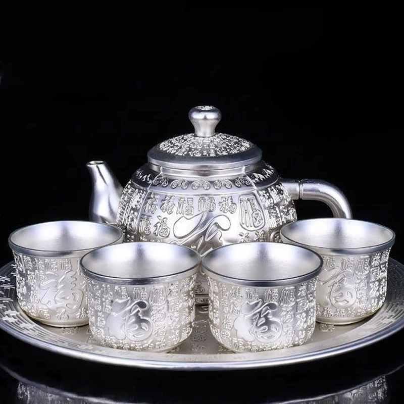 Sterling silver tea set new Baifu 999 sterling silver tea set foot silver wine set 1 plate 1 Pot 4 cups kung fu tea set Chinese