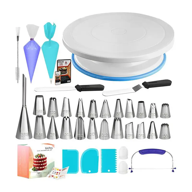 

Professional Cake Decorating Kit 64 Pieces Cake Turntable Piping Bags And Tips Set Enhance Your Cake Decorating Skills With