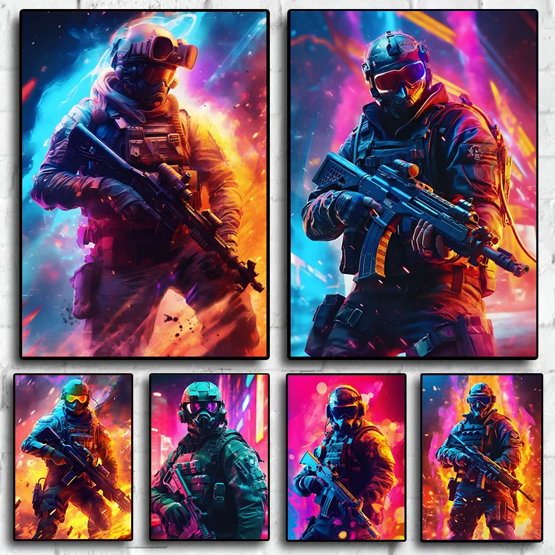 Neon Color Soldier Abstract Figure Portrait Posters and Prints Anti -virus Mask Soldier Wall Art Canvas Painting Home Decoration