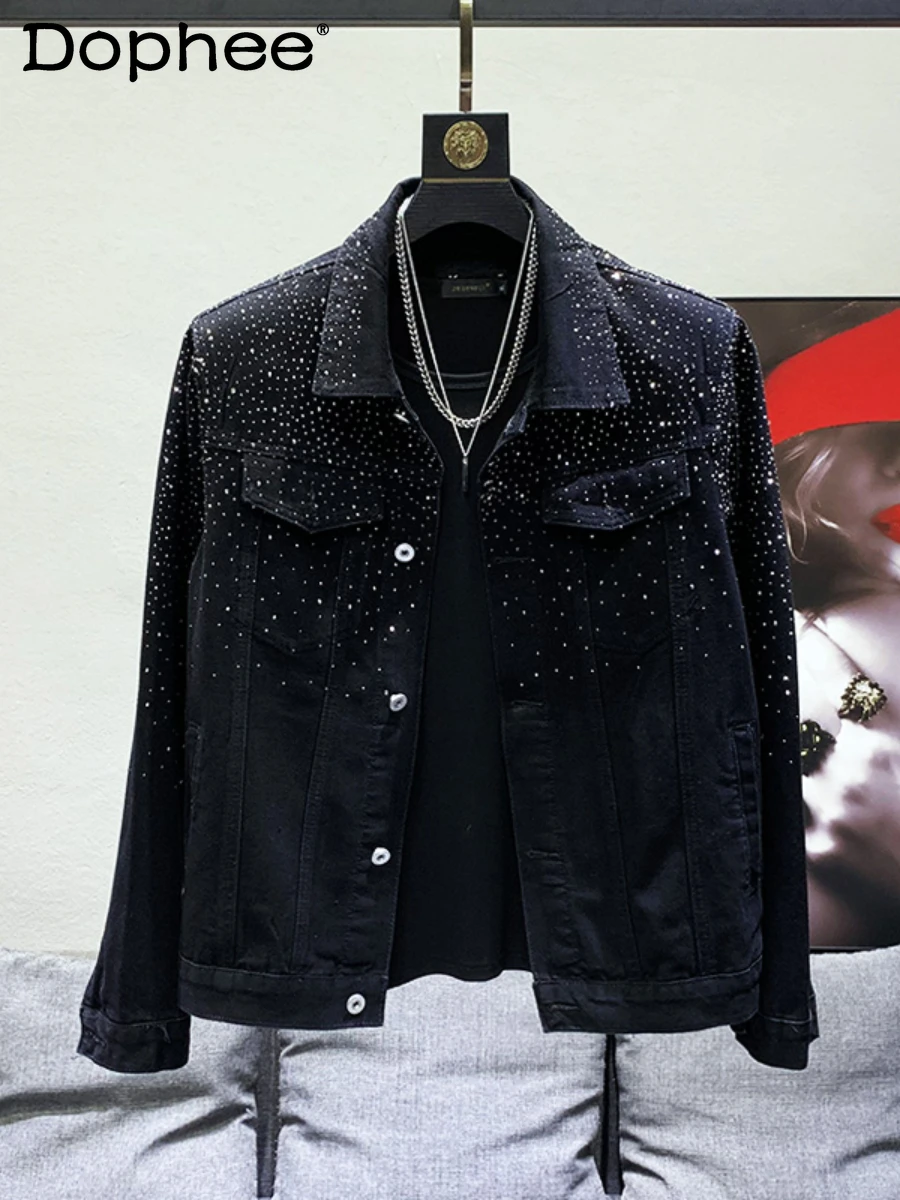 

Spring 2024 Starry Hot Rhinestone Denim Jacket Men's All-Match Handsome Trendy Male Loose Comfort Long Sleeves Denim Jacket Tops