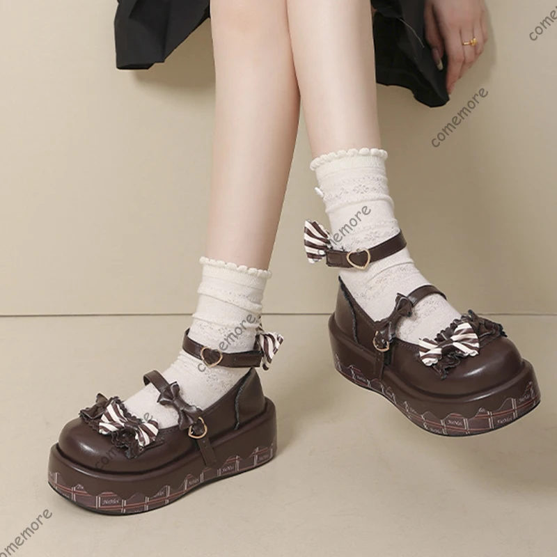 Comemore Women's Cute Sweet Lolita Mary Janes Shoes Bowknot Ankle Buckle Round Toe Platform Versatile JK Leather Punps Shoes