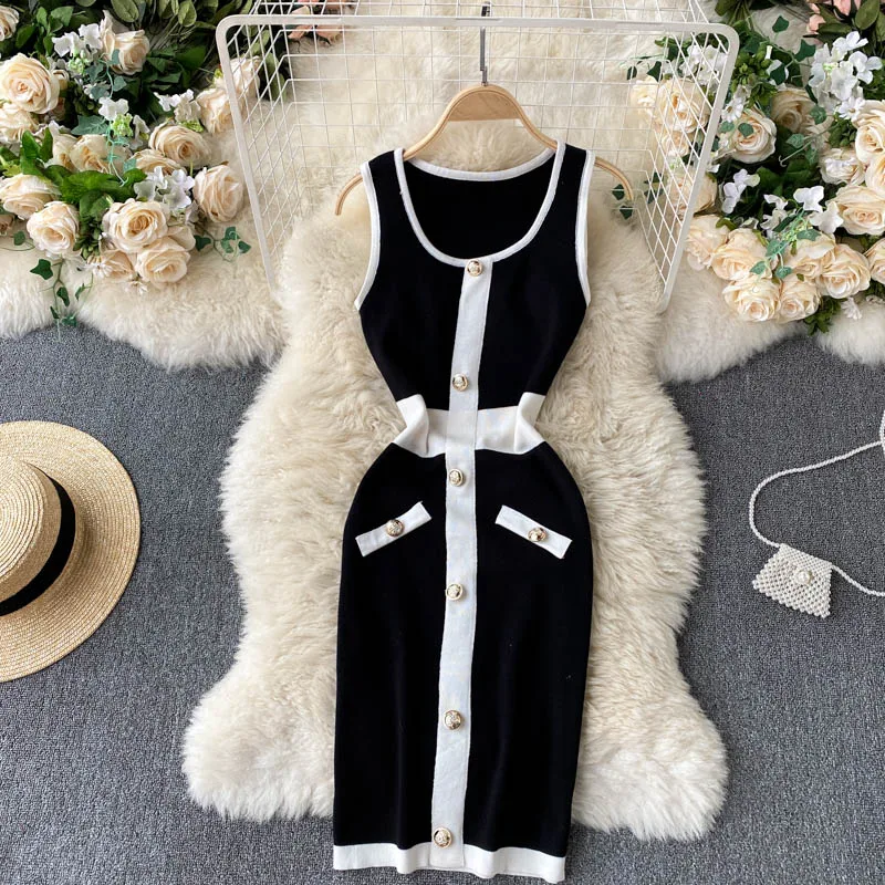 Black White Colorblock Gold Button Knit Bodycon Mini Dress Women's Sleeveless Stretchy Elegant Casual Office Party Dress