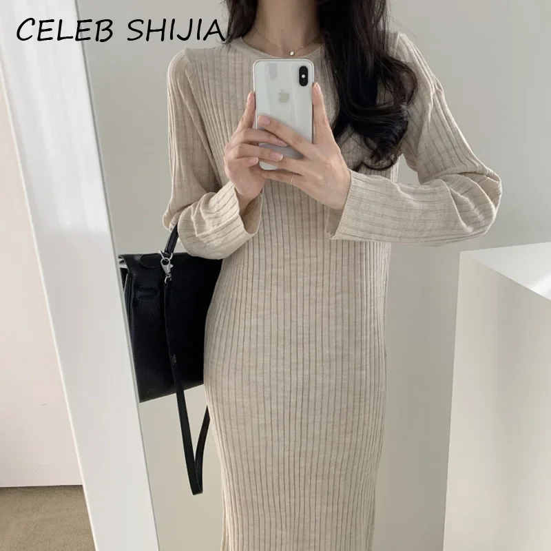 New Chic O-neck Woman Knit Dress Fall Full-sleeve Striped Solid Elegant Loose Long Sweater Dress Bodycon Autumn Winter