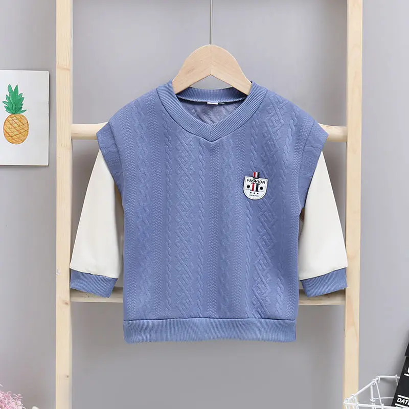 Spring and Autumn New Korean Version Children's Clothing Fashion V-neck Long Sleeve Simplicity Solid Color Versatile Pullover