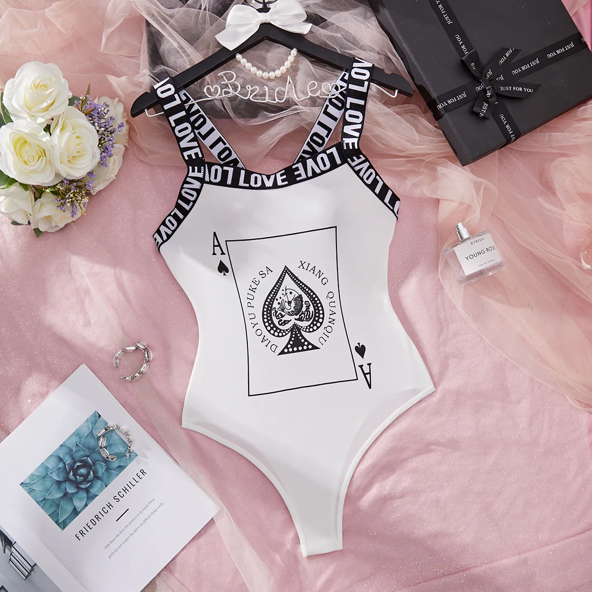 Letter Strap Poker Pattern Body Shaping Corset With Thong One-Piece