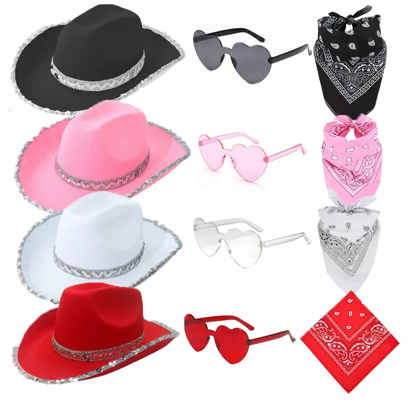 3 Stück Pailletten-Cowboyhüte für Junggesellinnenabschied, Western-Cowboyhüte für Mädchen-Geburtstagsfeiern, Foto-Requisiten, Junggesellinnenabschied-Dekoration, Geschenke