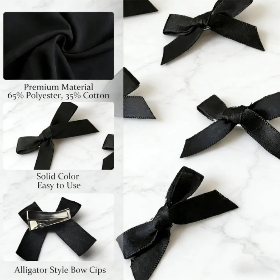 Black Solid Bow Alligator Clips | Premium Polyester-Cotton | Women Hair Accessory | Daily & Party | Achieve Stylish Hair Easily - Detail 1