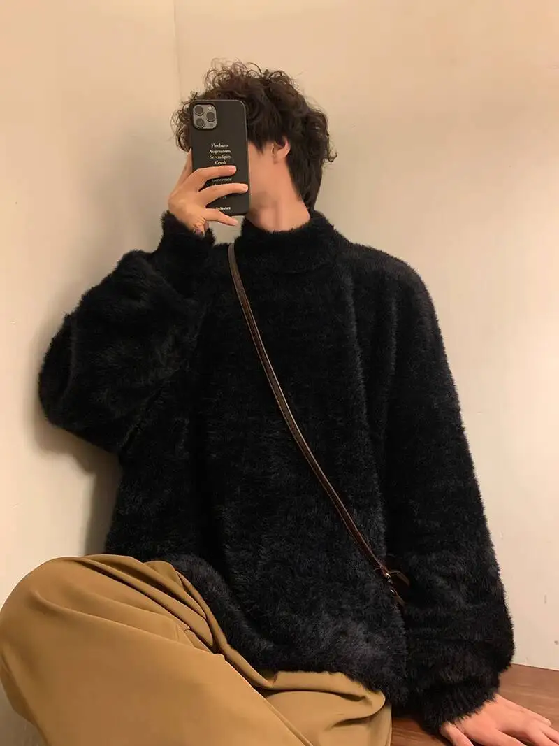 Men's Knitting Sweater 2025 Autumn Winter Mohair Sweater Thickened Japanese Lazy Retro Vibe Trendy Knit Sweatshirt Outerwear