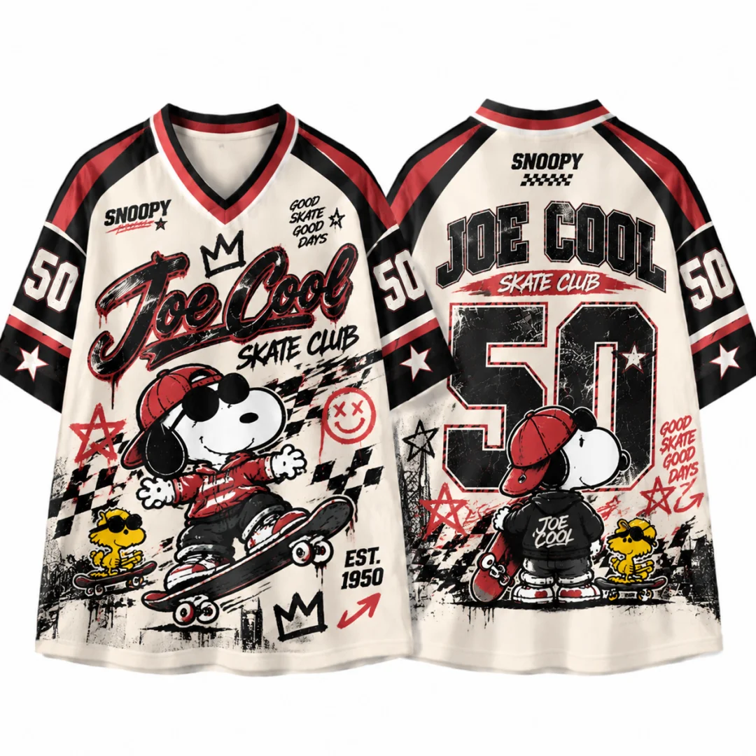 Snoopy Skate Club #50 Vintage Jersey T-shirt Kids & Adults Retro V-neck Short Sleeve Y2K Streetwear Cartoon Oversized Top