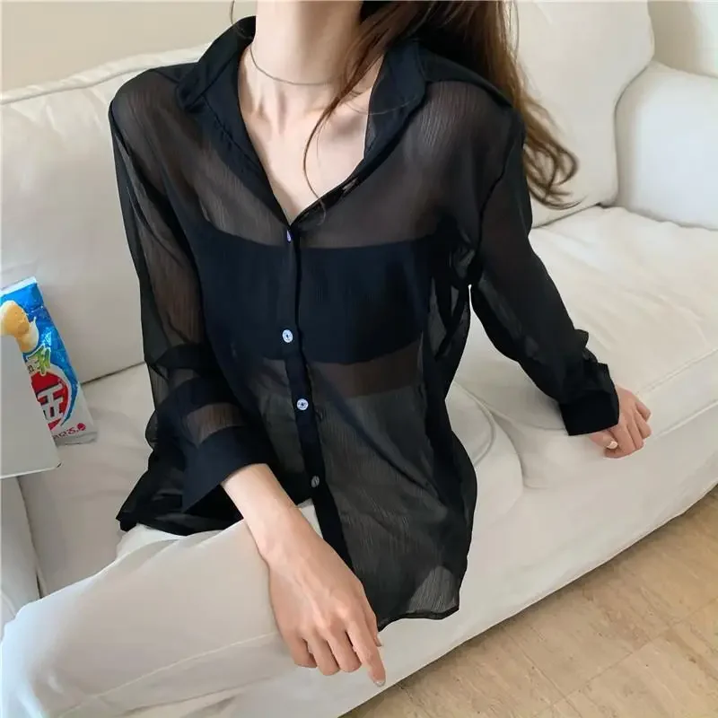 Shirts Women Sheer Solid Simple Sunscreen Ladies All-match Special Charming Sexy Basics Korean Style Popular Modern Leisure New