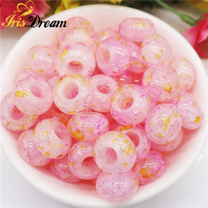 10Pcs Pink Color Crack Jelly 14x8mm Round Loose 5mm Large Hole European Beads for Charms Bracelet Necklace Hair Beads