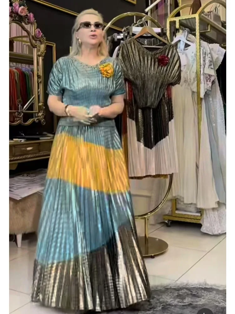 Miyake Pleated Skirt Set for Women's Age-reducing Round Neck Color Matching, Waist and Thin Spring and Summer Two-piece Set