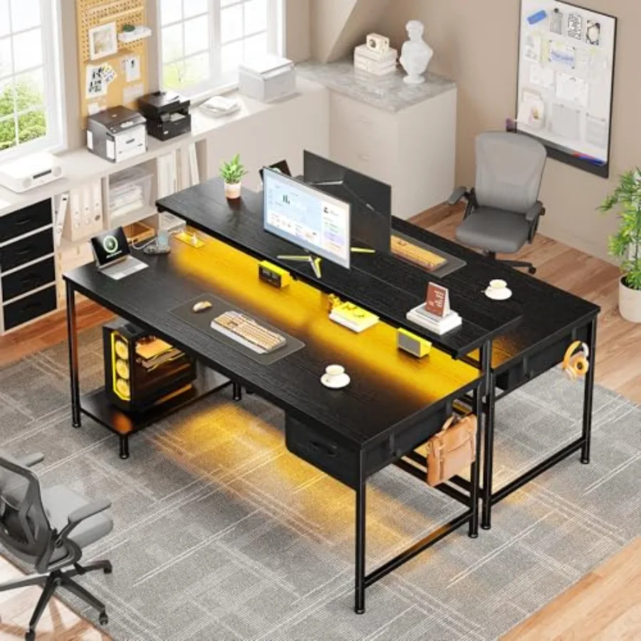 47.2 Gaming Desk with Power Outlet and LED Lights for Bedroom, Steel Frame, Black, Cable Management Adjustable Height