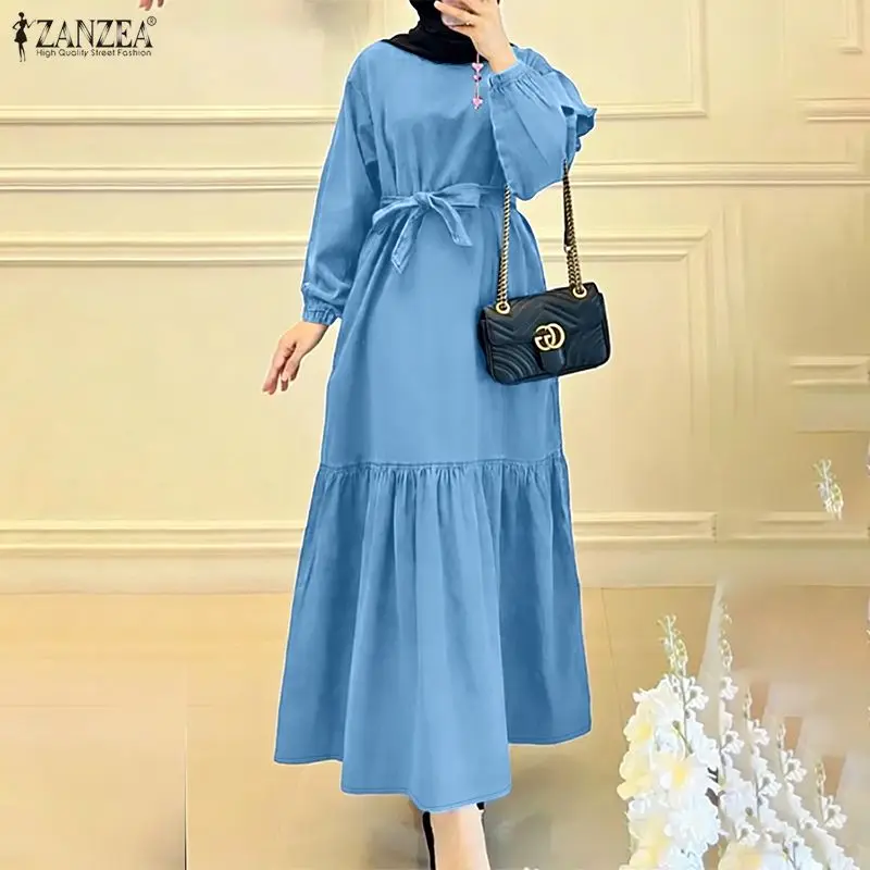 

ZANZEA Мусульманские скромные женские платья макси из искусственного денима с длинными рукавами, завязками на талии, оборками по низу, абайи, исламские хиджабы, женское платье