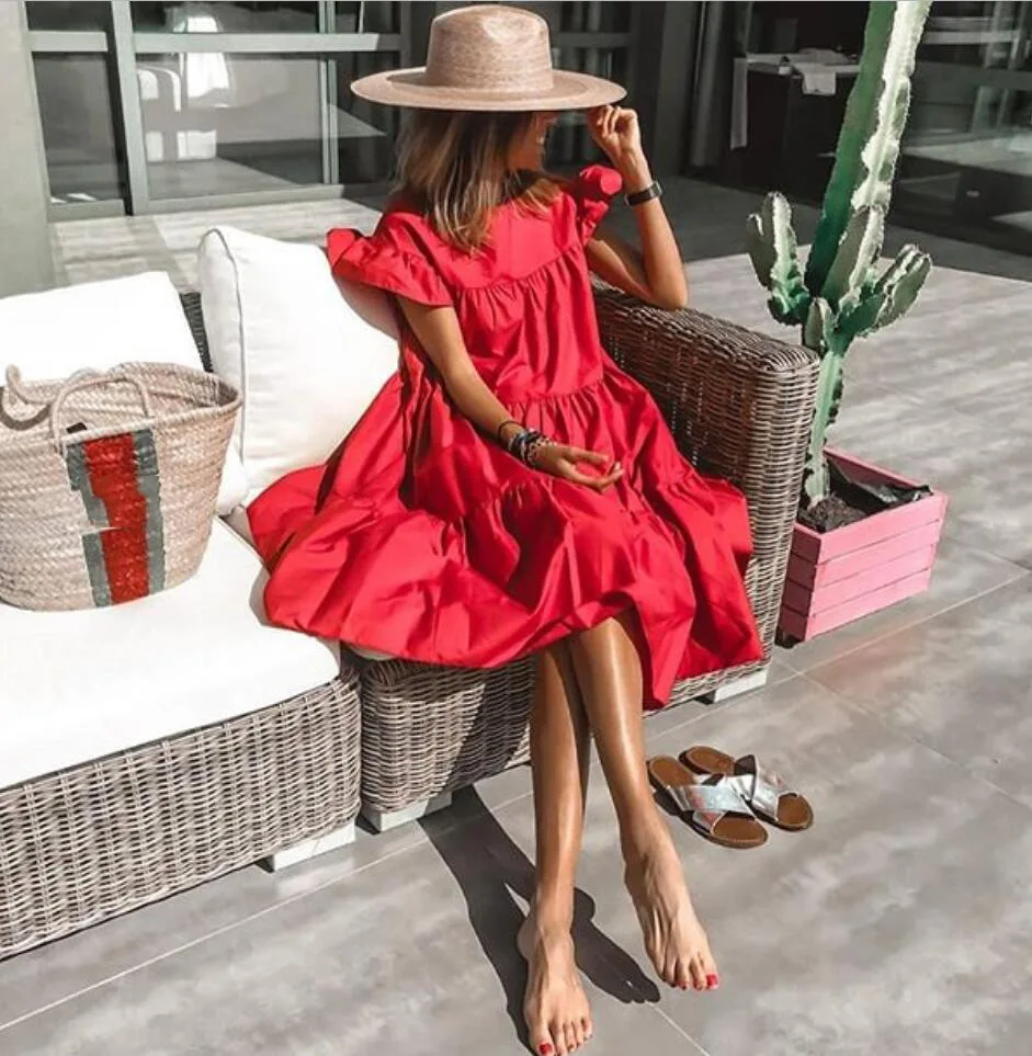 

Ladies Temperament Loose Mid-Length Dress Summer Women Leisure Style Solid Color Round Collar Fly Sleeve Ruched Skirt Streetwear