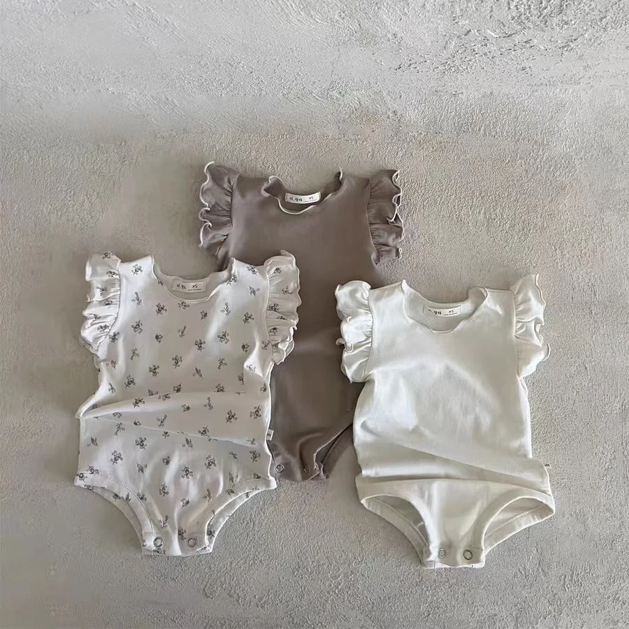 

Kids Summer Bodysuits 2025 New Fashion Lightweight Cotton Soft and Comfy Floral Print Short Ruffle Sleeve Rompers for Infant