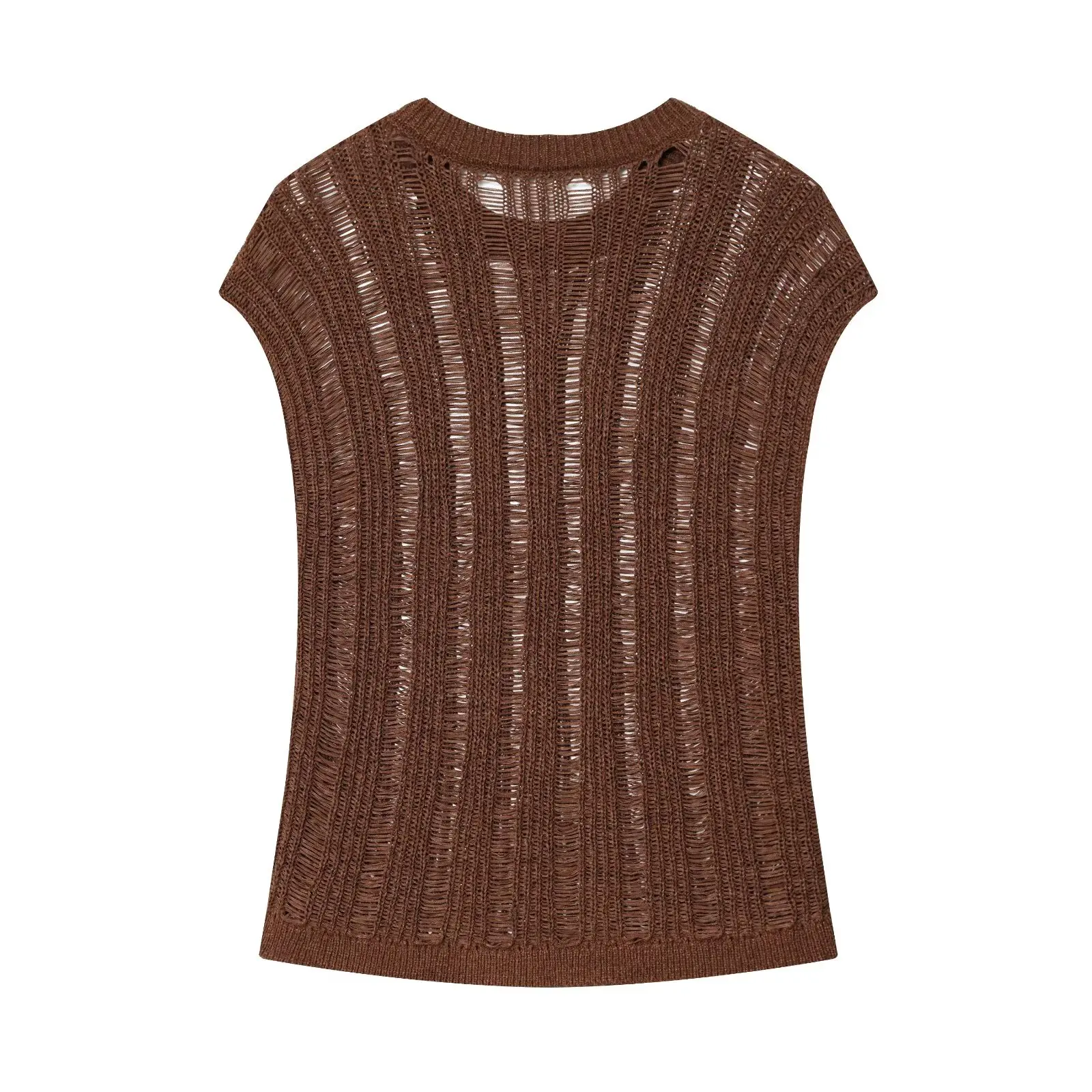 

ZBZA Spring New Women's Faion Design Knitted Top with Belt Sli Hollow out Straight Cut Polyester Vest for Layering