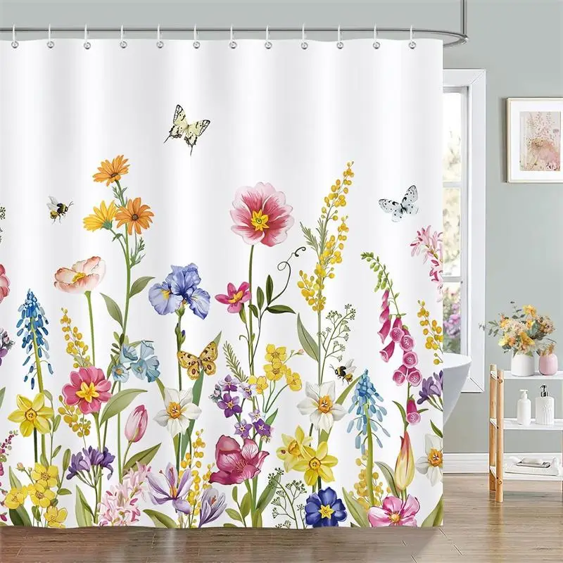 Floral Shower Curtains Yellow Flower Plant Butterfly Spring Wildflower Bath Curtain Polyester Fabric Bathroom Decor with Hooks