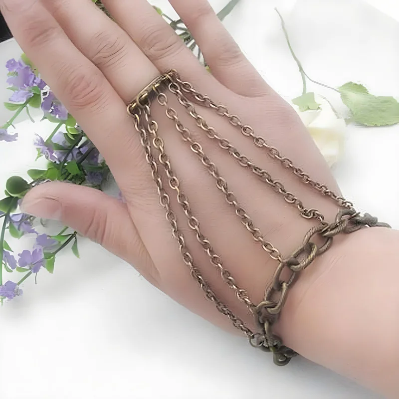 Fashion Brass Metal Multi 5 Chain Linked Bracelet & Ring to Wrist Set Size 6 7 Cool Punk Womens Retro Jewelry Accessories