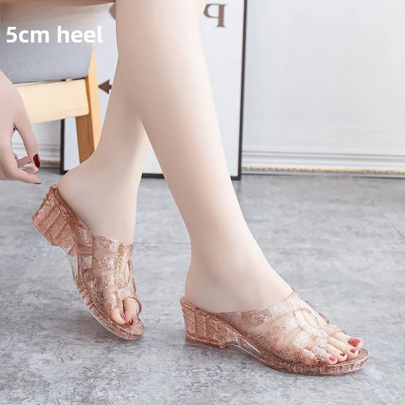 Crystal Plastic Sandals Women's Slope Heel Summer Outdoor Wear Thick Bottom Net Red Bathroom Anti-slip Anti-odor Beach Sandals
