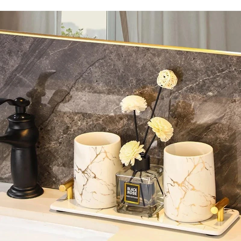 Marble Texture Ceramic Toothbrush Cup Bathroom Accessories Set Soap Bottle Holder Dish Household Tray