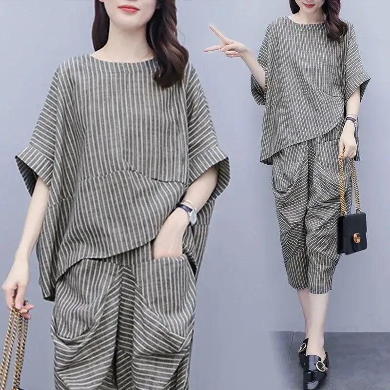 

Летний женский модный хлопковый льняной свободный повседневный корейский комплект одежды больших размеров, комплект из двух предметов, закрывающий живот в полоску