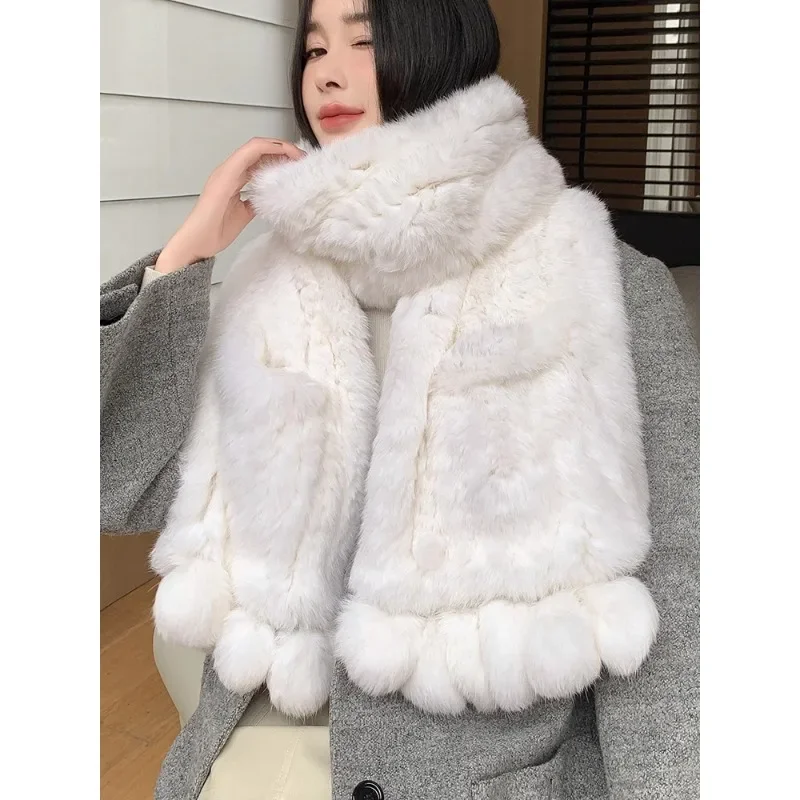 Double-sided rabbit fur ball pocket large shawl women's winter warm fur scarf woven scarf multi-functional