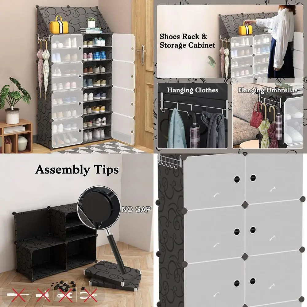 

8-уровневый шкаф для хранения обуви с дверцами, портативный органайзер на 32–64 пары, идеально подходит для домашних прихожей и шкафов (черный)