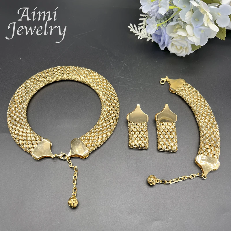 Trendy African Jewelry Set for Women Chunky Necklace Earrings Bracelet Dubai 18K Gold Plated Fashion Jewellery for Party Wedding