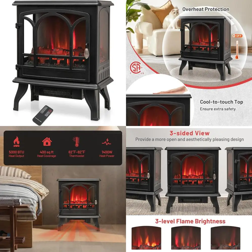 

23-дюймовый электрический каминный обогреватель с ярким эффектом пламени, отдельно стоящий 3-сторонний панорамный вид, защита от перегрева, длительный срок службы