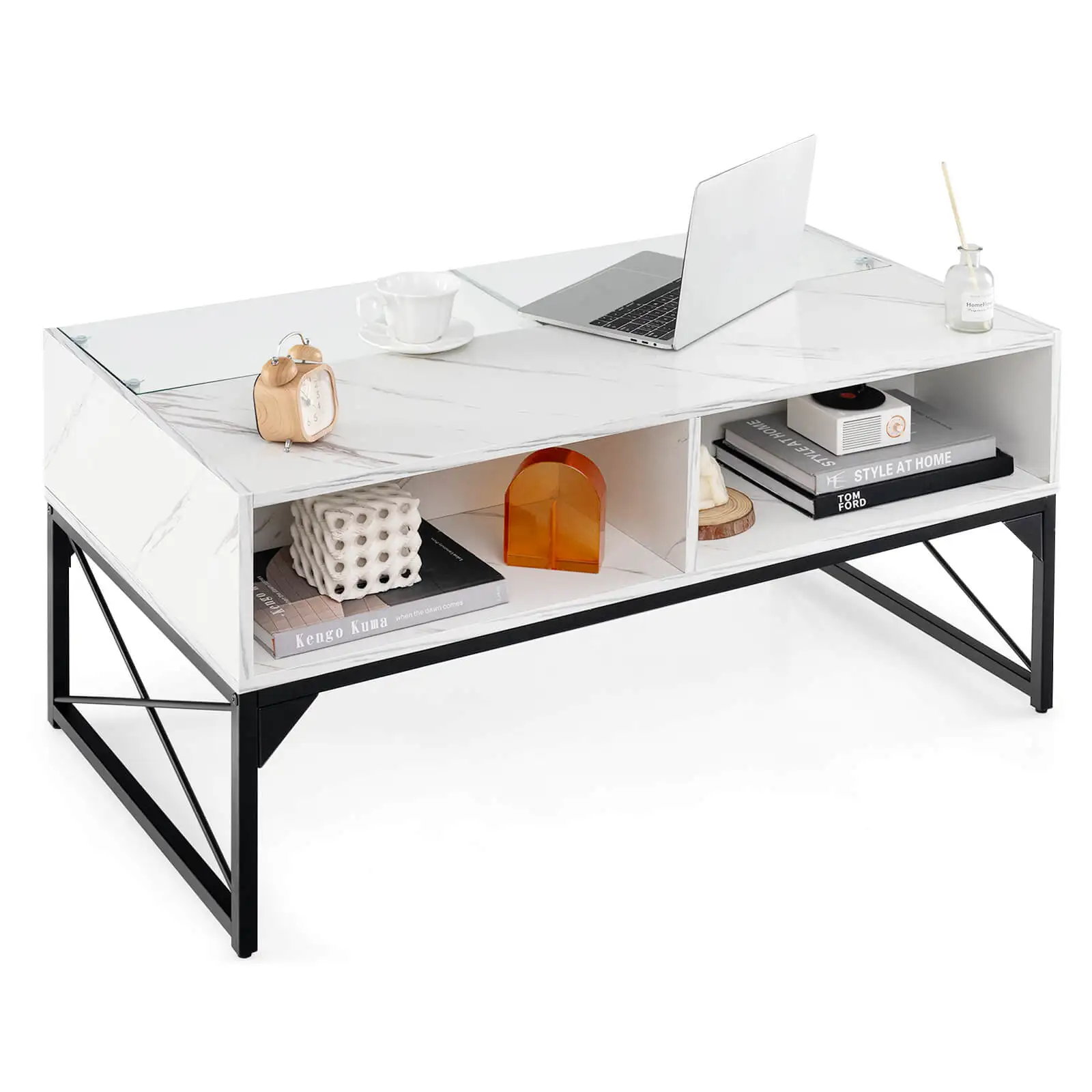 High-gloss LED Coffee Table w/ Faux Marble & Tempered Glass Top 4 Storage Cubes