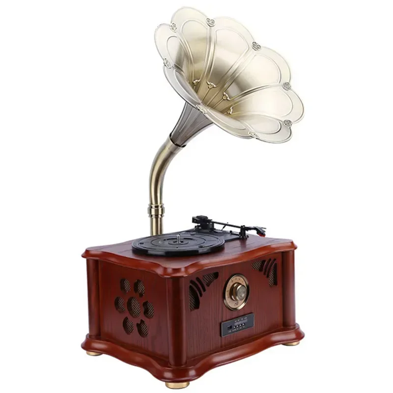 Solid wood record usb player retro vinyl gramophone bluetooth speaker metal loudspeaker FM radio stereo audio output subwoofer