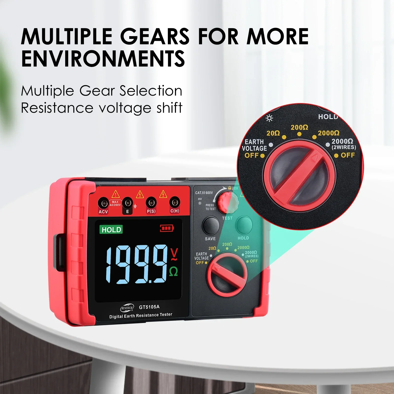 BENETECH GT5105A Cyfrowy miernik rezystancji uziemienia 2000 Megaomów Megomierz Woltomierz Tester uziemienia Wykrywacz baterii