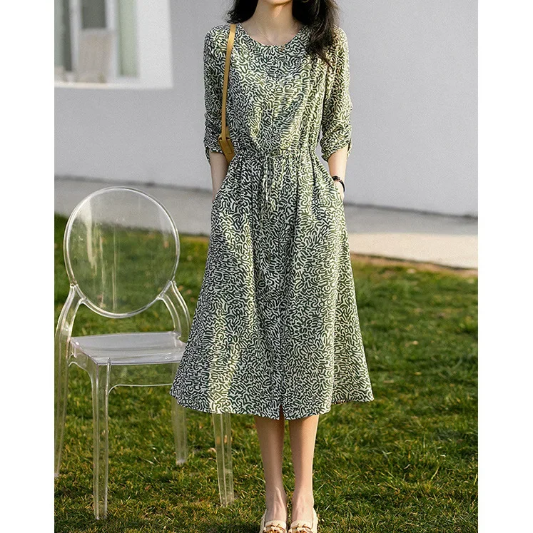 100% Mulberry Silk Women's Dresses Floral Print Dresses Elegant Women Clothing O-Neck Summer Dress New 2024 Vestidos Mujer