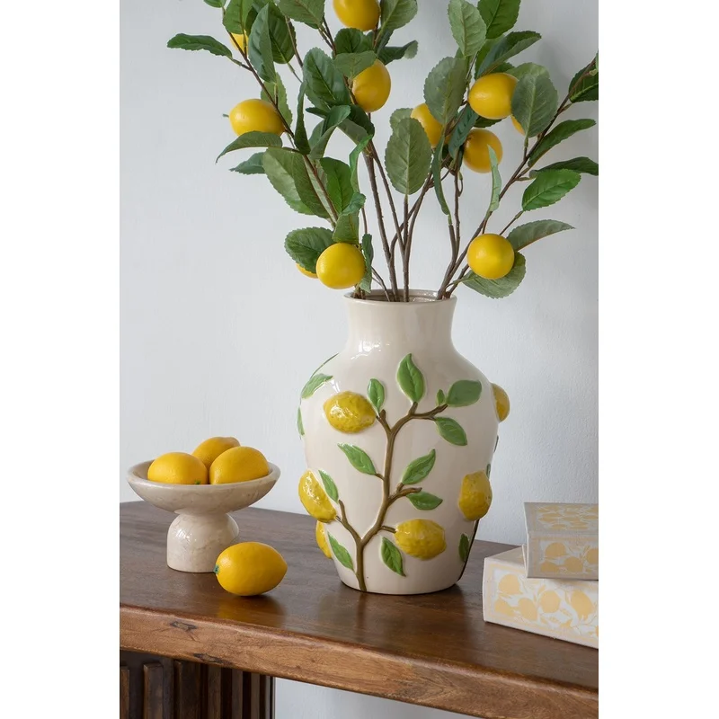 

9x9x12.5" White Ceramic Vase with Yellow Lemon Design