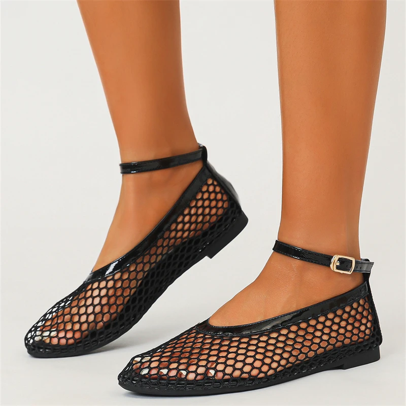 

Air Mesh Hollow-carved Design Women Flat Shoes Ankle Buckle Strap Fashion Ladies Shoes Hand-made Round Toe Zapatos Para Mujeres