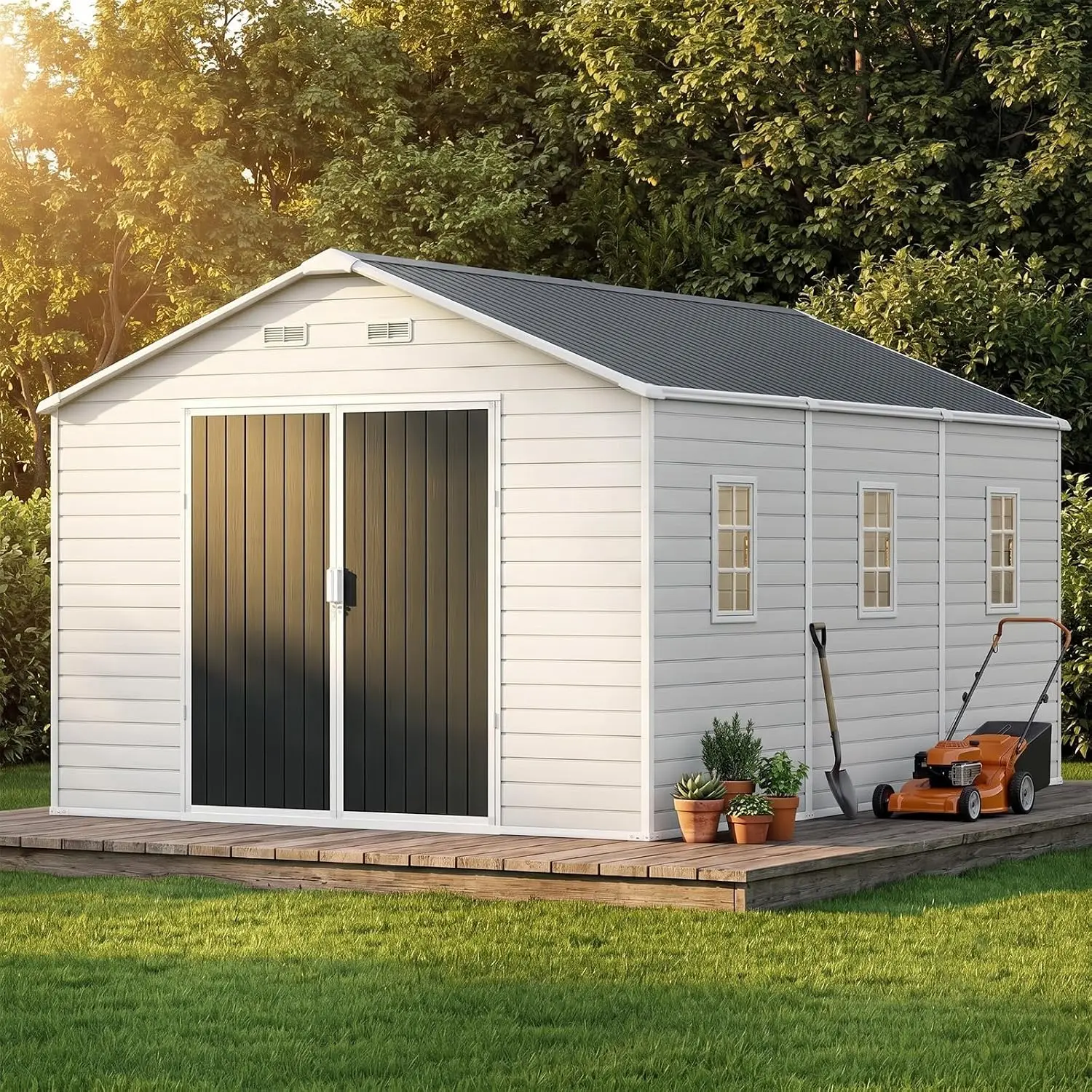 10x13.5 FT Large Resin Outdoor Storage Shed with Floor & Windows, Customized
