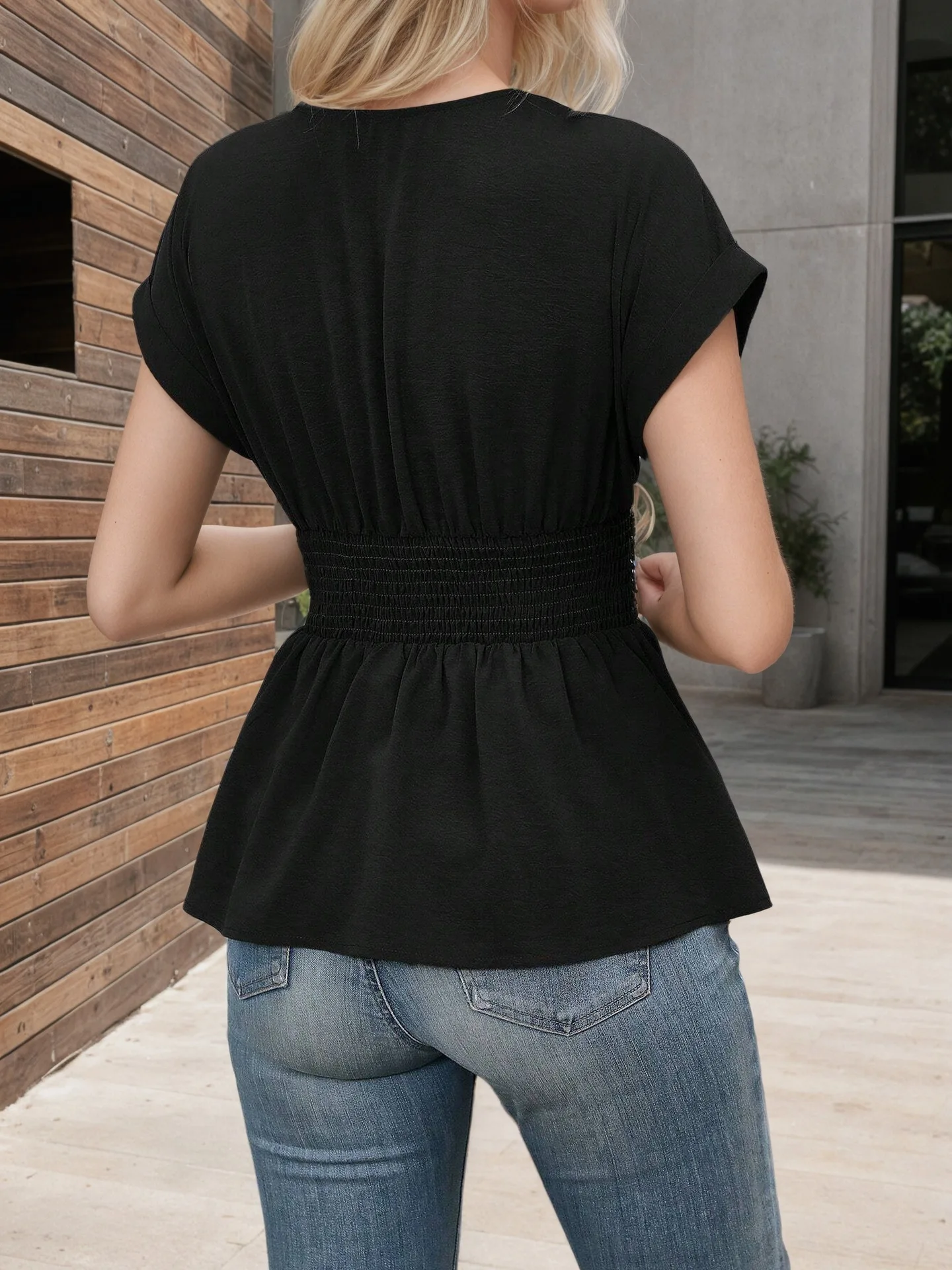 Damen V-Ausschnitt Peplum-Top Sommer Lässige Kurzarm-Bluse mit Taillenschnürung Elegante Gerüschte Tunika für den Alltag – Detail 15