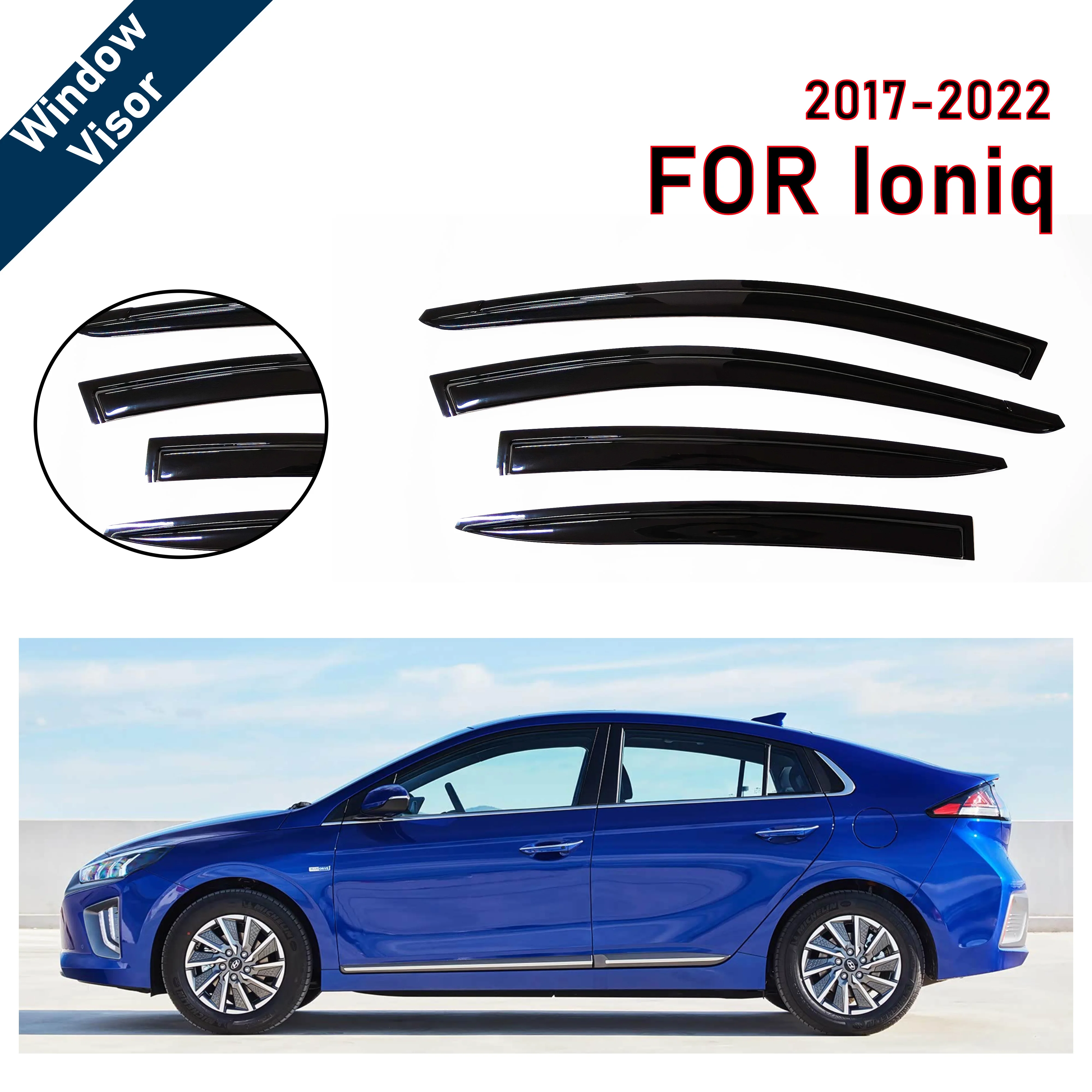 Window Visor for Hyundai Ioniq Hybird 2017-2022 | 4pcs Rain Guard Wind Deflector | Car Weather Shield Accessory