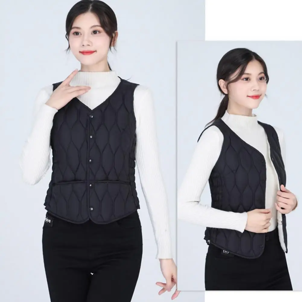 Single-breasted Button Vest Women's Winter Layering Vest Coat Thin Padded V Neck Sleeveless Down Coat for Outdoor Windproof Heat