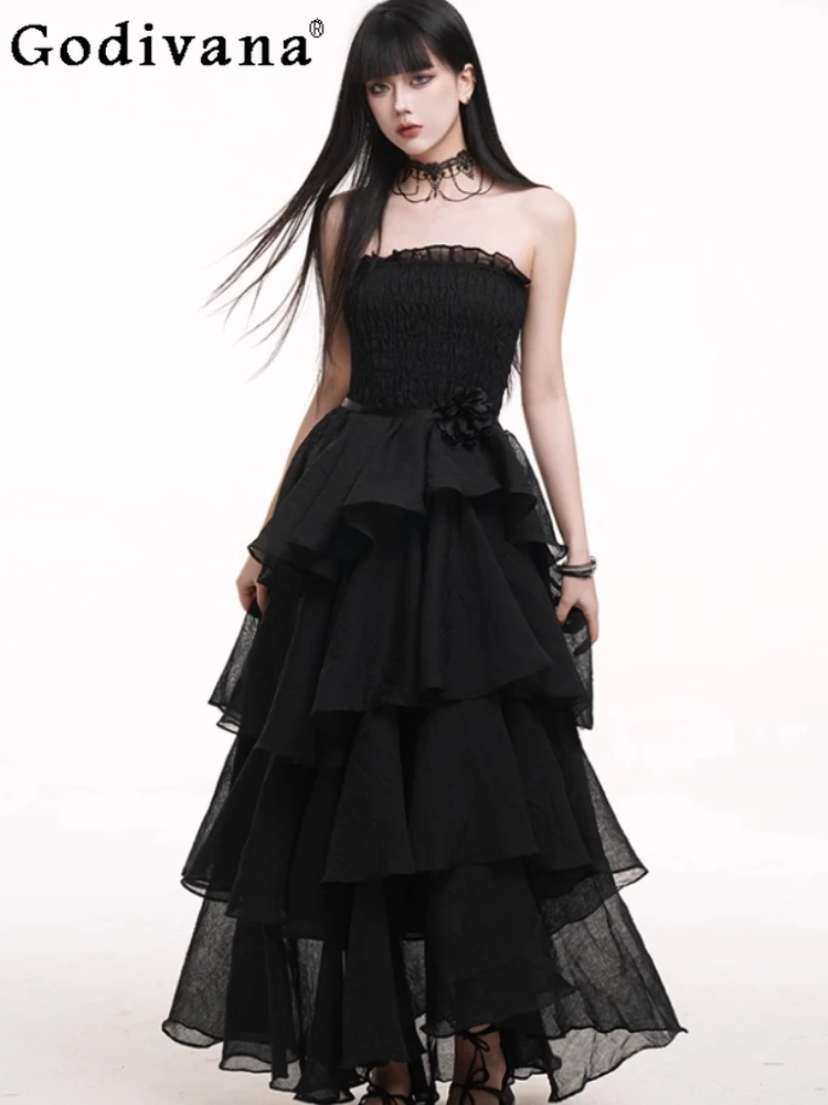 

Spring Autumn Fashion Black High Waist A-line Personality Versatile Strapless Dress Sweet Elegant Fairy Birthday Cake Dresses