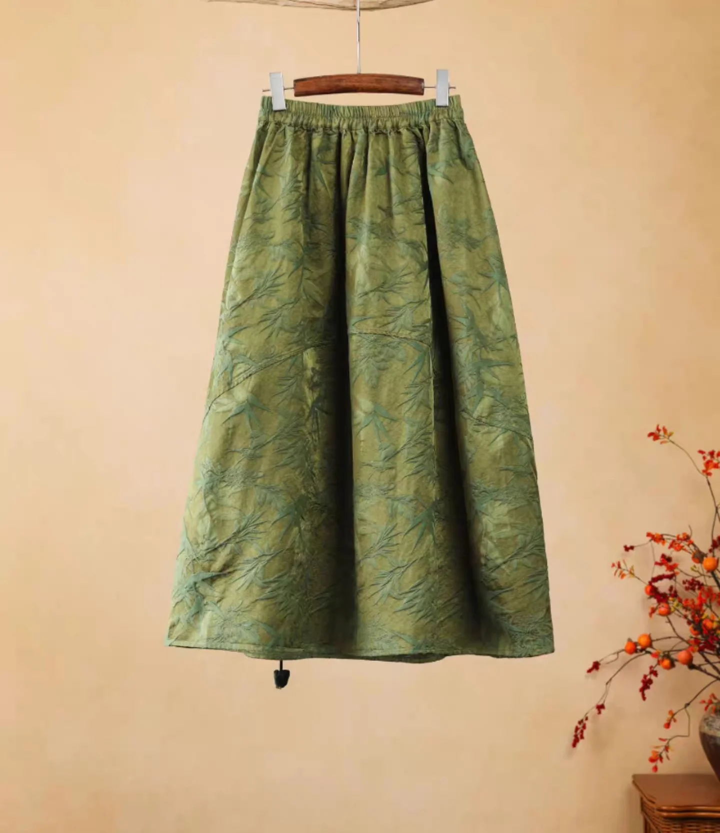 New embroidery Women's skirt Green rayon+cotton loose jacquard elastic waist Long skirts Vintage National style clothes