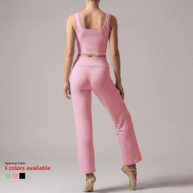 New Elegant Lace Splicing 2Pcs Yoga Set For Women, Crisscross Back Sports Tank Top, Loose Straight Wide Leg Pants, Dance Workout