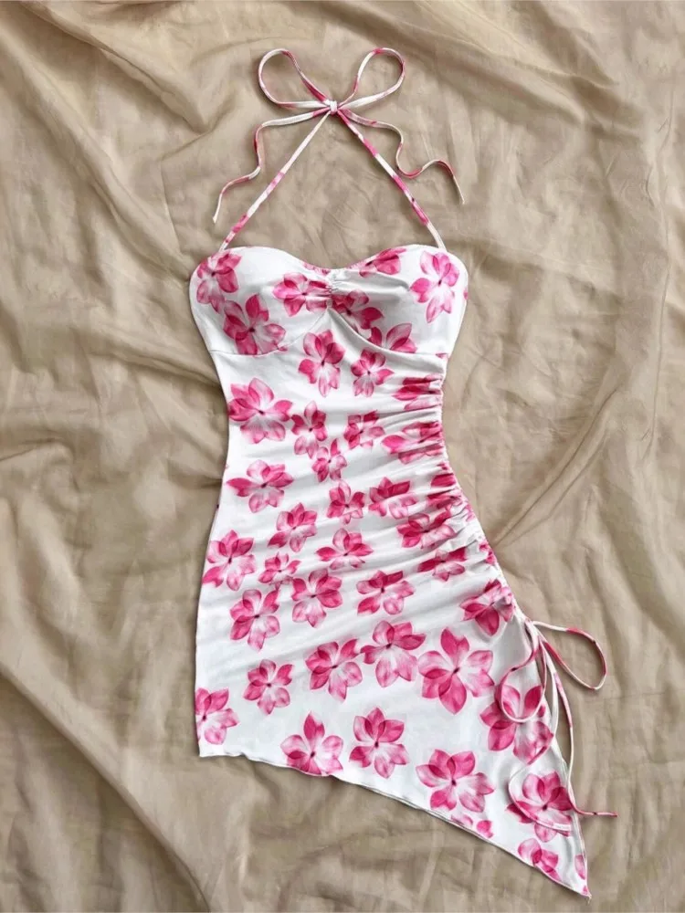 Sexy Vacation Printed Mini Dress Women 2025 Summer Fashion Elegant Party Halter Neck Drawstring Sleeveless Irregular Dresses